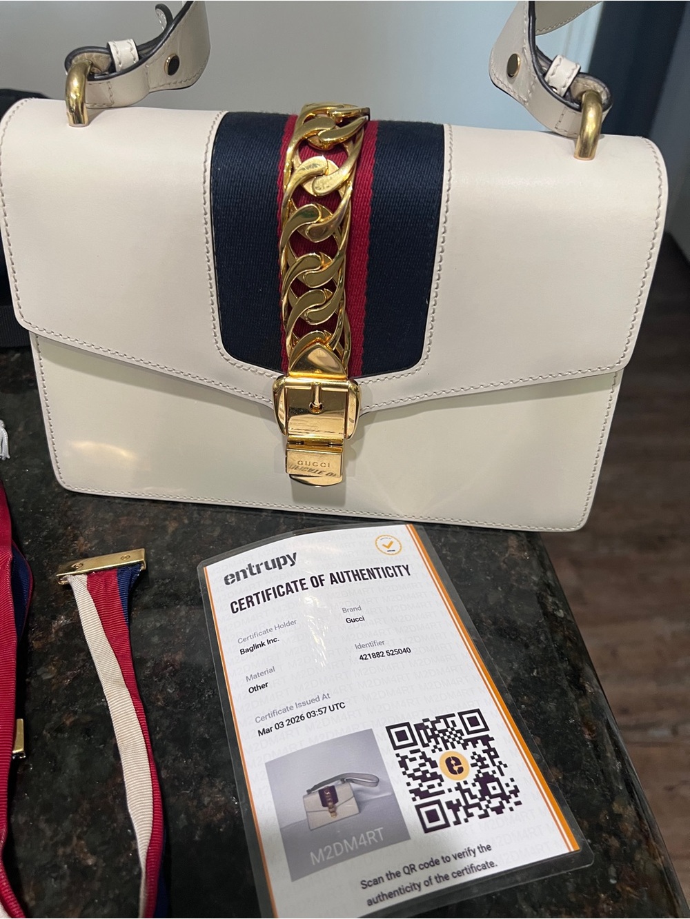 Gucci Small Sylvie White Leather Shoulder Bag w/ Web Strap & COA